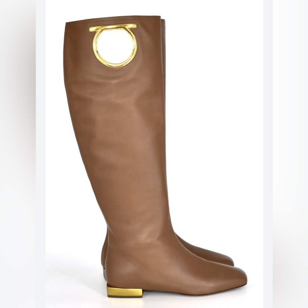 Salvatore Ferragamo Brown Leather Over-the-Knee Boots with Gold Hardware